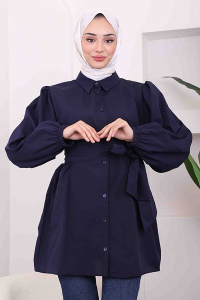 İmajButik Navy Blue Waist Belted Shirt Tunic