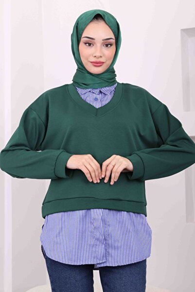 İmajButik Σμαραγδένιο Πράσινο Ριγέ Γαρνιρισμένο Πουκάμισο Modal Συνδυασμός Φούτερ