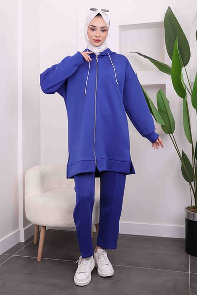 İmajButik Saks Blue Pants Scuba κοστούμι με λεπτομέρεια με φερμουάρ στα πόδια