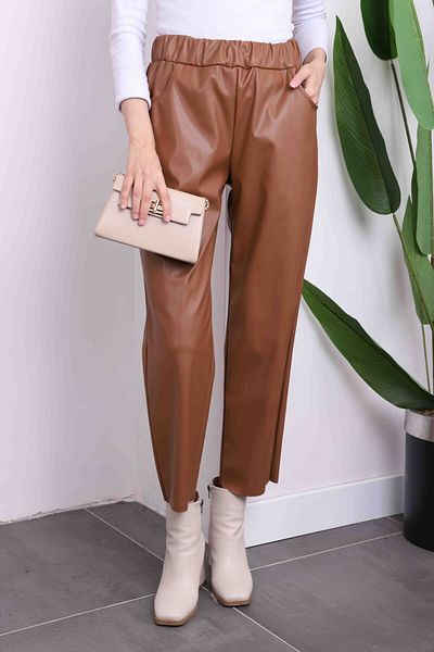 İmajButik Δερμάτινο παντελόνι Tan Pocket ελαστικό στη μέση