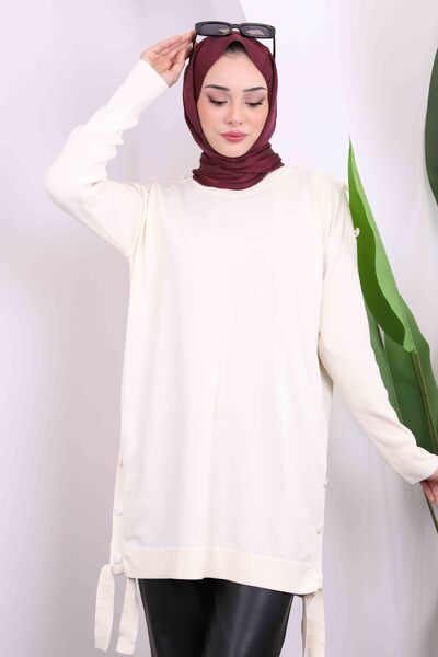 İmajButik Cream Button Detailed Cold Thread Knitwear Tunic