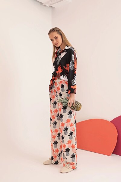 Genel Markalar Kobe Saten Kumaş Ananas Desen Kadın Pantolon-oranj