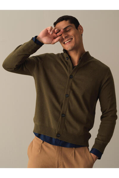 Xint Erkek Haki Pamuk Dokulu Düğmeli Hırka
