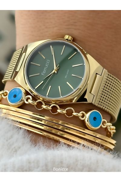 Ferrucci Brand Green Dial, Steel Mesh Cord Yellow Color Women Wristwatch Bracelet