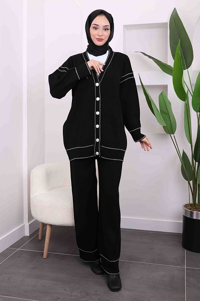 İmajButik Black Wafer Knitwear Cardigan Trousers Set