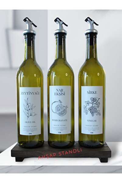 IMKER HOME 4lü Set Ahşap Stantlı Zeytinyağı , Nar Ekşisi ve Sirke Şişesi 750m...