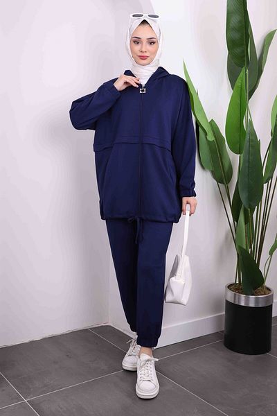 İmajButik Σετ παντελόνι με κουκούλα Navy Blue με δύο κλωστές