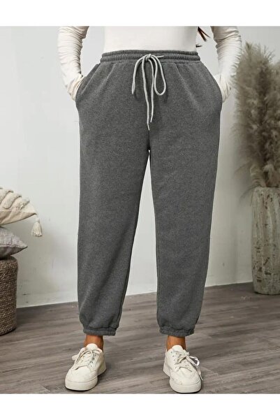 FİTGO Kadın Füme İçi Pamuklu Battal Boy Paçası Lastikli Eşofman Altı