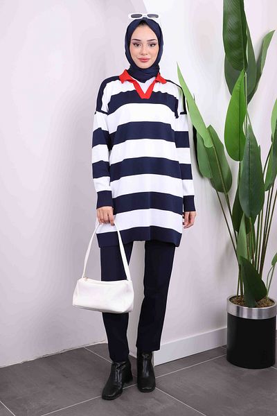 İmajButik Navy Blue Striped Cold Yarn Knitwear Tunic