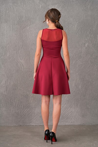 lovebox Transparan Yaka Detaylı Çan Kesim Bordo Kısa Abiye Elbise 2222