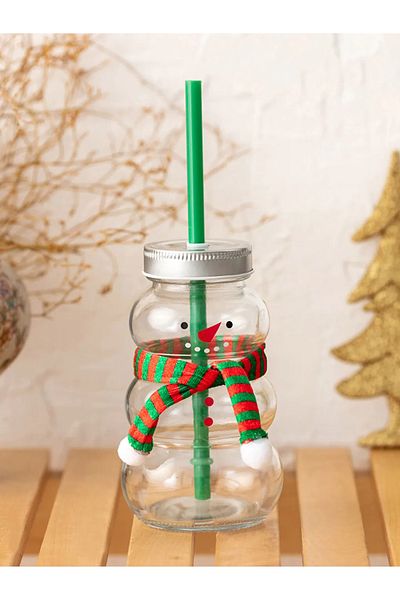 LC Waikiki Lcw Home 2-Piece Christmas Themed Glass Cup with Straw and Lid