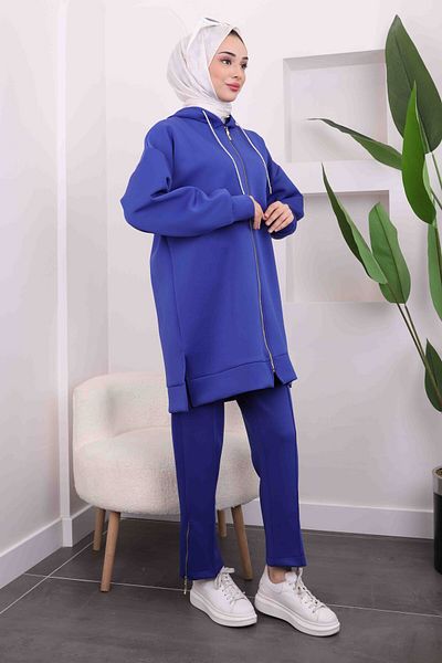 İmajButik Saks Blue Pants Scuba κοστούμι με λεπτομέρεια με φερμουάρ στα πόδια