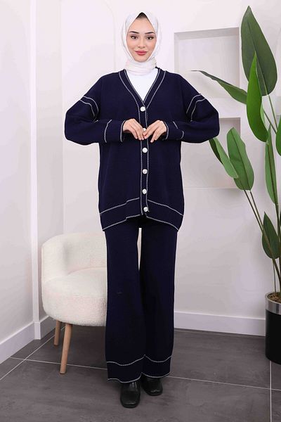 İmajButik Navy Blue Wafer Knitwear Cardigan Trousers Set