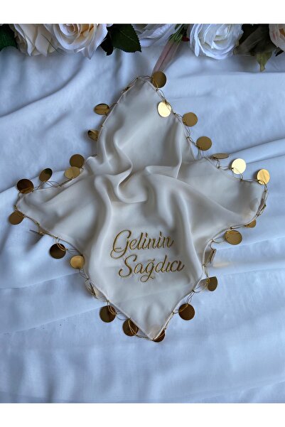 LE FANTASİA 1adet - Bej Renk Gelinin Sağdıcı Yazılı Nakışlı Kına Ve Düğün Hal...