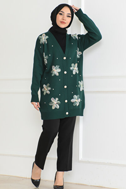 BURCU TESETTÜR BRC2451 Cardigan din tricotaje brodate cu flori verzi