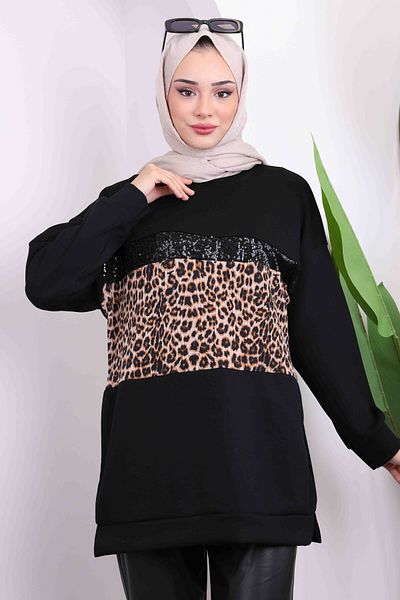 İmajButik Μαύρο Μπροστινό Leopard Modal Tunic