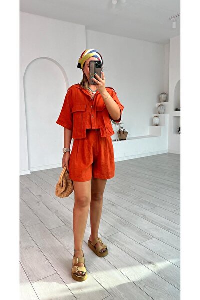 kubraozbeybutik Kremit Rengi Yüksek Bel Keten Şort