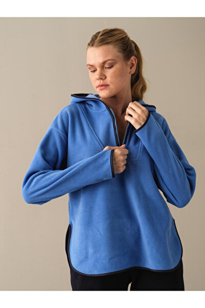 Xint Kadın Mavi Pamuk Dokulu Fermuarlı Polar Sweatshirt