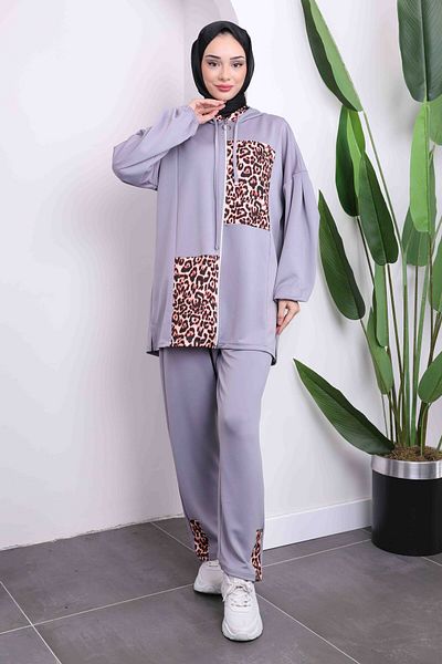 İmajButik Gray Leopard Print Scuba Tunic Pants Set