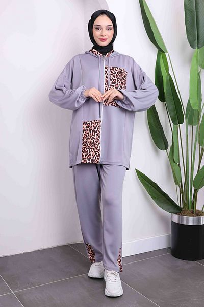 İmajButik Gray Leopard Print Scuba Tunic Pants Set