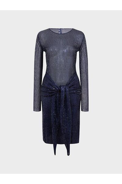 RİVUS Sheer Short Dress with Tie Waist Detail - Navy Blue