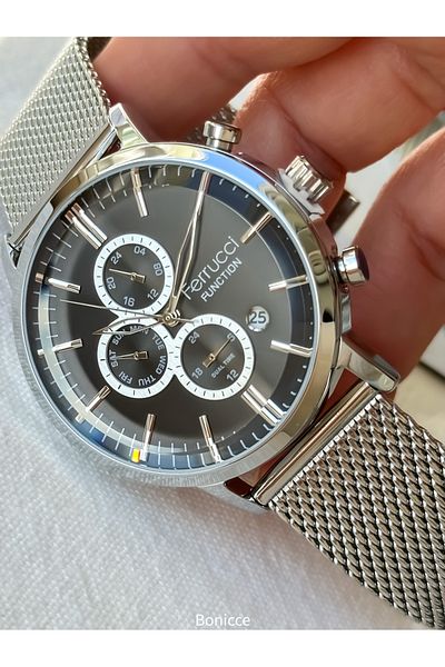 Ferrucci Brand Black Dial Functions Active Steel Band Silver Color Men Wristwatch Rosary Bracelet