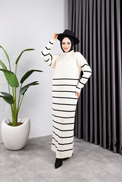 Sfg Life Moda فستان نسائي محبوك بياقة واقفة وخطوط رفيعة وسحاب