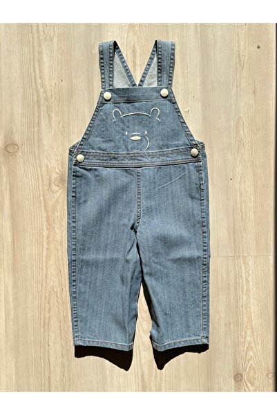 Zeyno ve Memo Önden Ayıcık Nakışlı Çıt Çıt Kapamalı Kot Salopet Pantolon Tulum