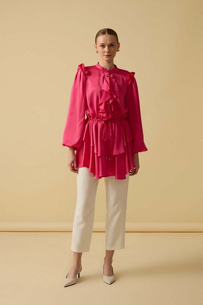 NUR KALAY COLLECTION Satin Blouse with Flounces