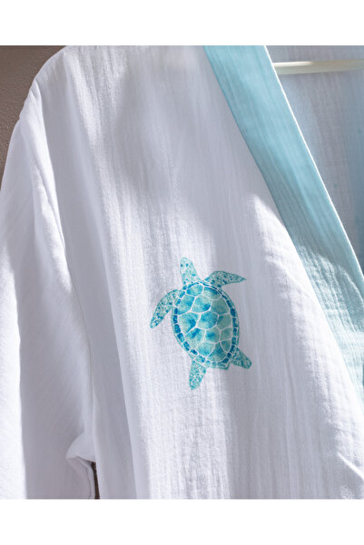 Madame Coco Liana Muslin 100% Cotton Women's Bathrobe - White/Turquoise
