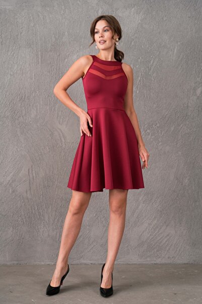 lovebox Esnek Scuba Kumaş Transparan Detay Bordo Abiye Elbise 2222