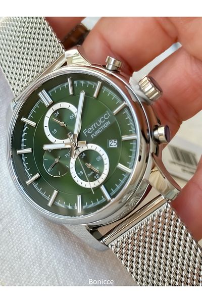 Ferrucci Brand Green Dial Functions Active Steel Band Silver Color Men Wristwatch Rosary Bracelet