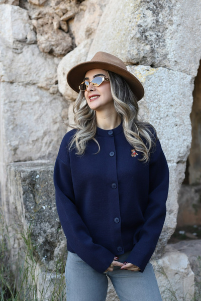 bytugcekaya Синій стандартний розмір кардиган з принтом Тедді