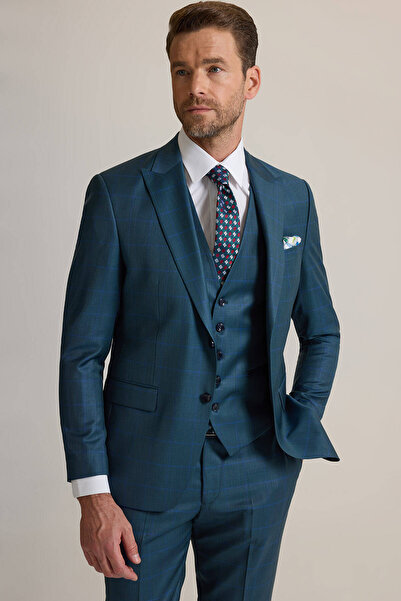 Ysf Erkek Yeşil Slim Fit Sivri Yaka Yelekli %100 Yün Takım Elbise