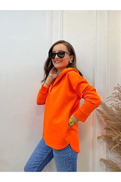 TLG GİYİM Kadın Polo Yaka Kapüşonlu Oversize Scuba Sweatshirt