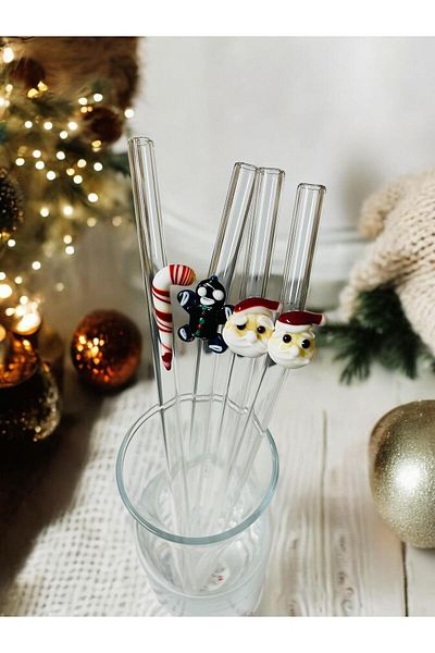 nazarboncuğu Christmas Themed Glass Straw Set of 6 and 4