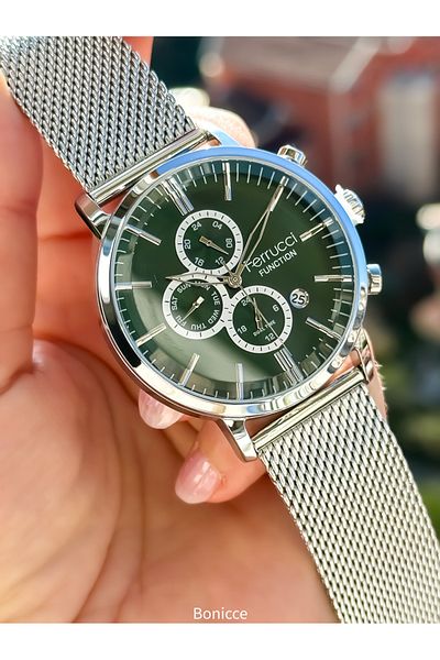 Ferrucci Brand Green Dial Functions Active Steel Band Silver Color Men Wristwatch Rosary Bracelet