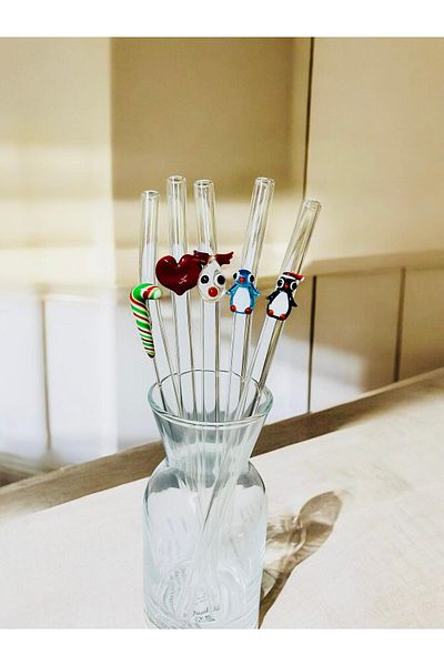 nazarboncuğu Christmas Themed Glass Straw Set of 6 and 4
