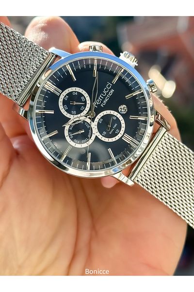 Ferrucci Brand Navy Blue Dial Functions Active Steel Band Silver Color Men Wristwatch Rosary Bracelet