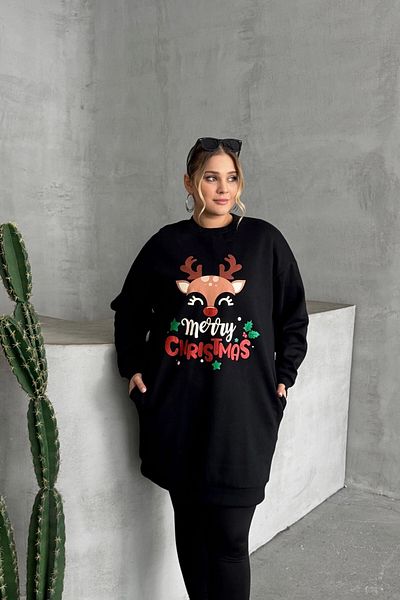 Stil Diva Plus Size Christmas Themed Crew Neck Long Sleeve Pocket Sweatshirt Dress 303827