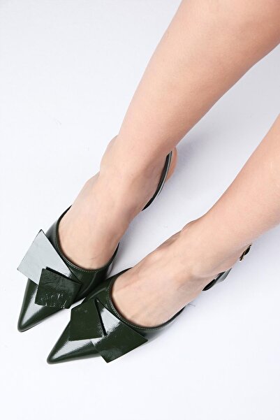 Mio Gusto Josephine Genuine Patent Leather Oil Green Color Open Back Women's Heeled Shoes