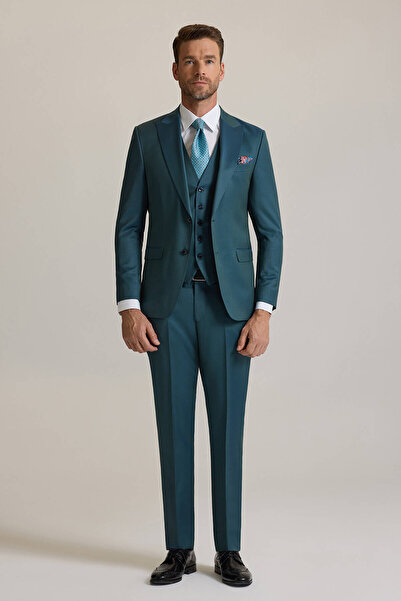 Ysf Erkek Yeşil Slim Fit Sivri Yaka Yelekli %100 Yün Takım Elbise