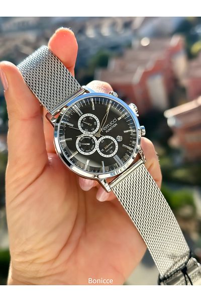 Ferrucci Brand Black Dial Functions Active Steel Band Silver Color Men Wristwatch Rosary Bracelet