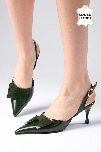 Mio Gusto Josephine Genuine Patent Leather Oil Green Color Open Back Women's Heeled Shoes