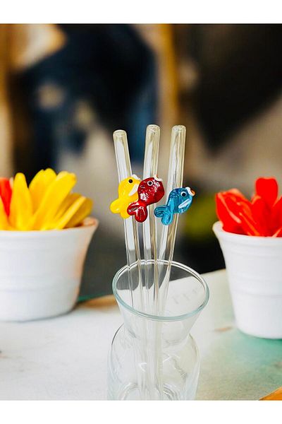 nazarboncuğu Colored Glass 3-Piece Fish Straw Set