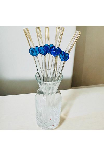nazarboncuğu Blue Heart Glass Straw Set of 6