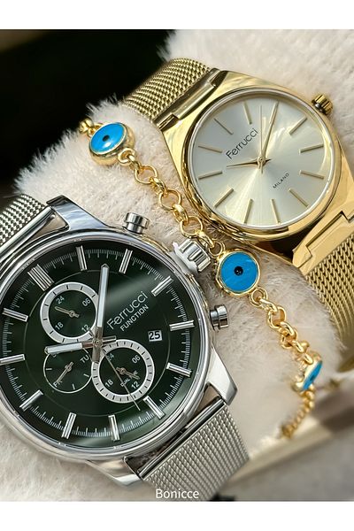 Ferrucci Green Yellow Dial Functions Active Silver Yellow Color Steel Band Dear Wrist Watch Rosary Bracelet