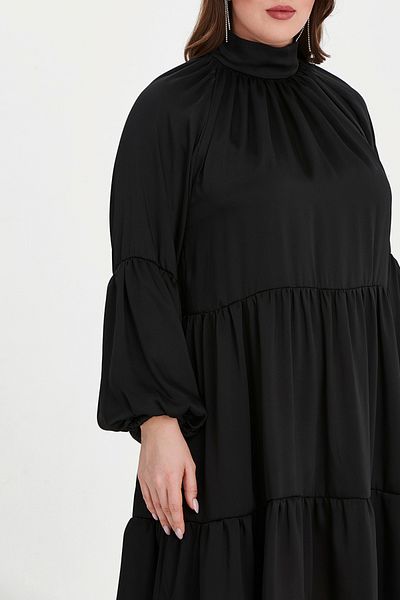 EVEN plus size فستان نسائي أسود رفيع من الساتان ذو الياقة العالية مقاس كبير
