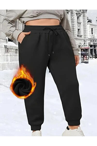 FİTGO Büyük Beden Kadın Siyah Battal Boy Lastikli Paça Eşofman Altı