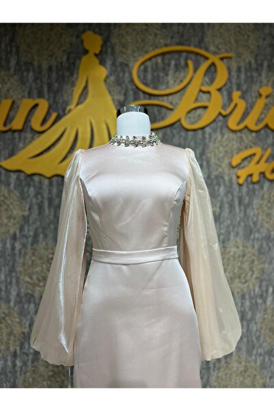 MODA Krem Saten Kalem Midi Boy Tesettür Abiye Boyu Taş Detaylı Abiye